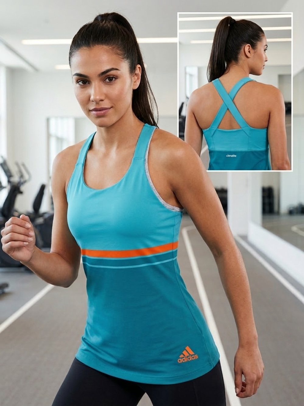 Adidas Climalite Women's Racerback Tank Top Built-in Bra, Teal with Orange XS